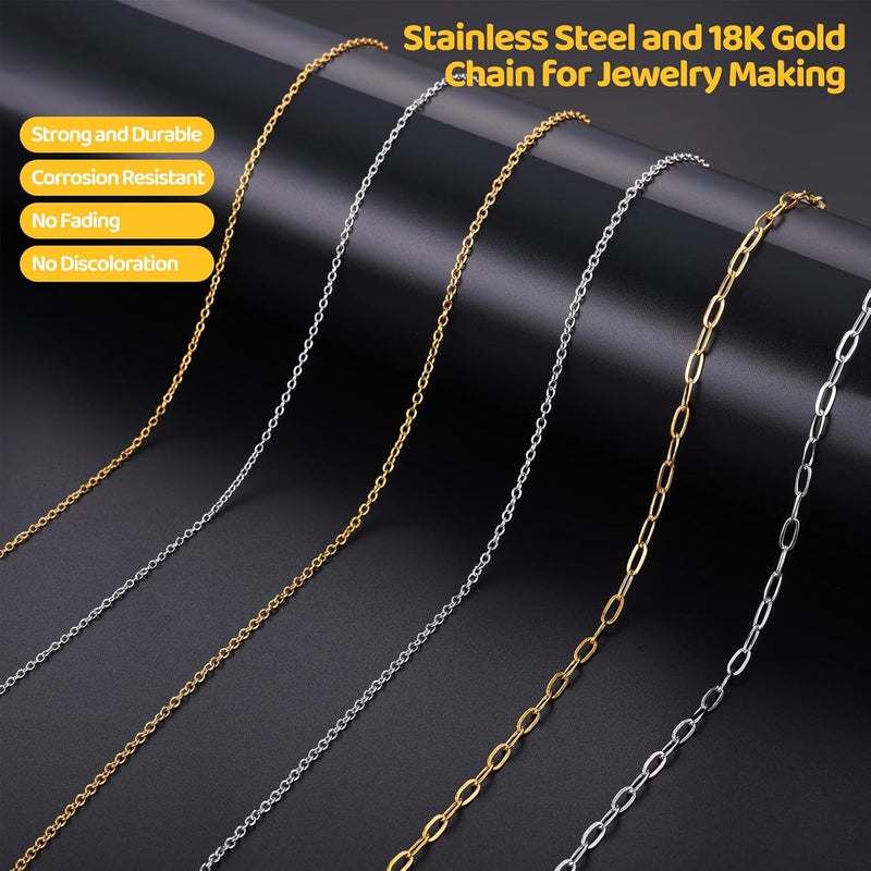 Zefy 18K Gold Silver Chain for Jewelry Making, 19.7ft 6 Rolls Stainless Steel Chains Bulk with 348 Pcs Charms, Jump Rings Lobster Clasps Set for DIY Bracelet Necklace Crafts - Image 2